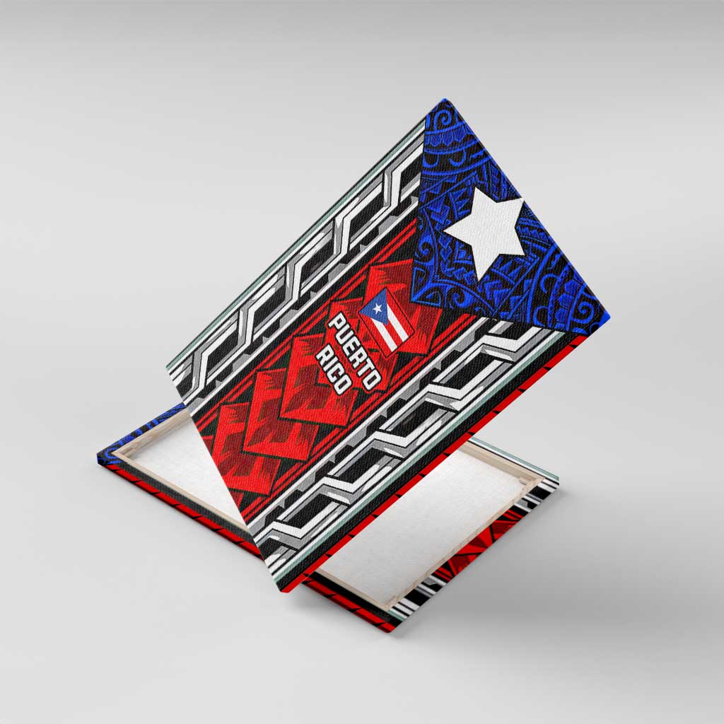 Puerto Rico Canvas Wall Art with Tribal Patterns, Flag Emblem, and Taino Symbol Design