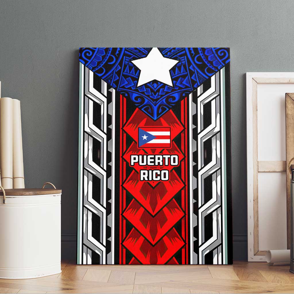 Puerto Rico Canvas Wall Art with Tribal Patterns, Flag Emblem, and Taino Symbol Design