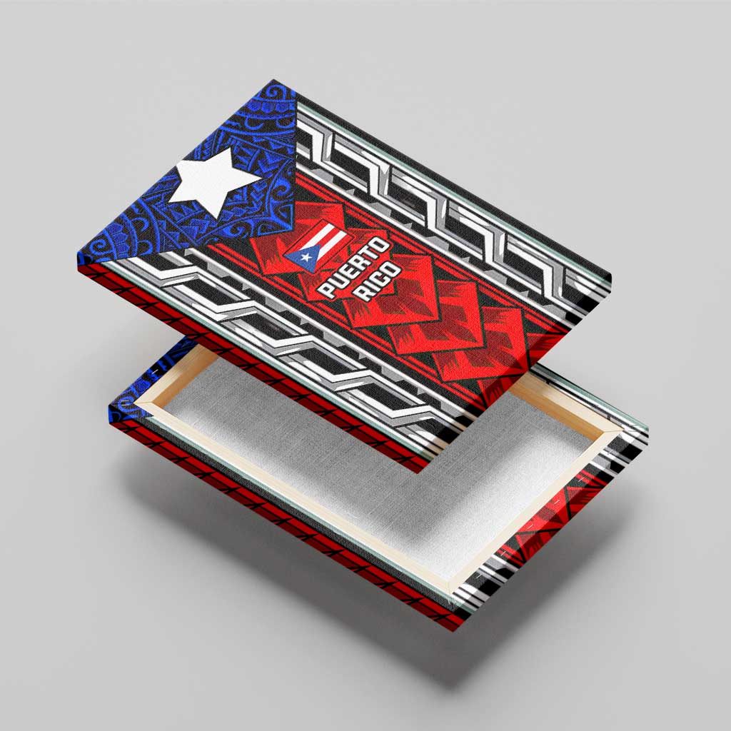 Puerto Rico Canvas Wall Art with Tribal Patterns, Flag Emblem, and Taino Symbol Design