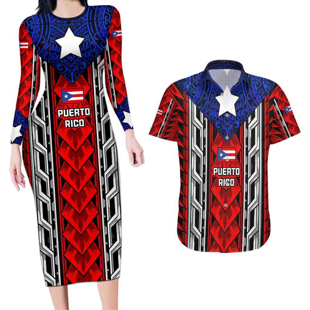 Puerto Rico Couples Matching Long Sleeve Bodycon Dress and Hawaiian Shirt with Tribal Patterns, Flag Emblem, and Taino Symbol Design
