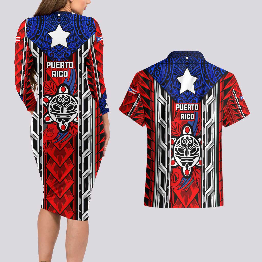 Puerto Rico Couples Matching Long Sleeve Bodycon Dress and Hawaiian Shirt with Tribal Patterns, Flag Emblem, and Taino Symbol Design