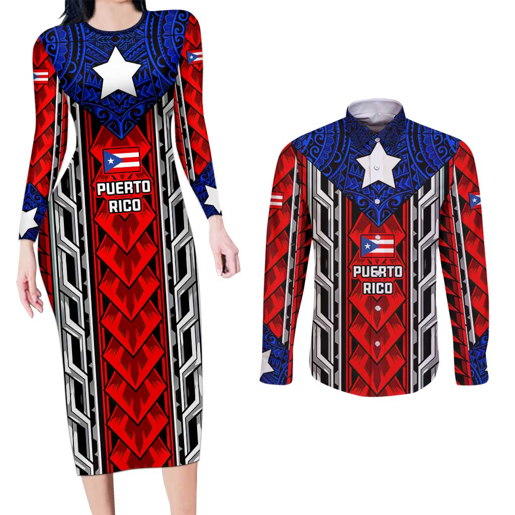 Puerto Rico Couples Matching Long Sleeve Bodycon Dress and Long Sleeve Button Shirt with Tribal Patterns, Flag Emblem, and Taino Symbol Design