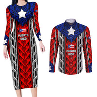 Puerto Rico Couples Matching Long Sleeve Bodycon Dress and Long Sleeve Button Shirt with Tribal Patterns, Flag Emblem, and Taino Symbol Design
