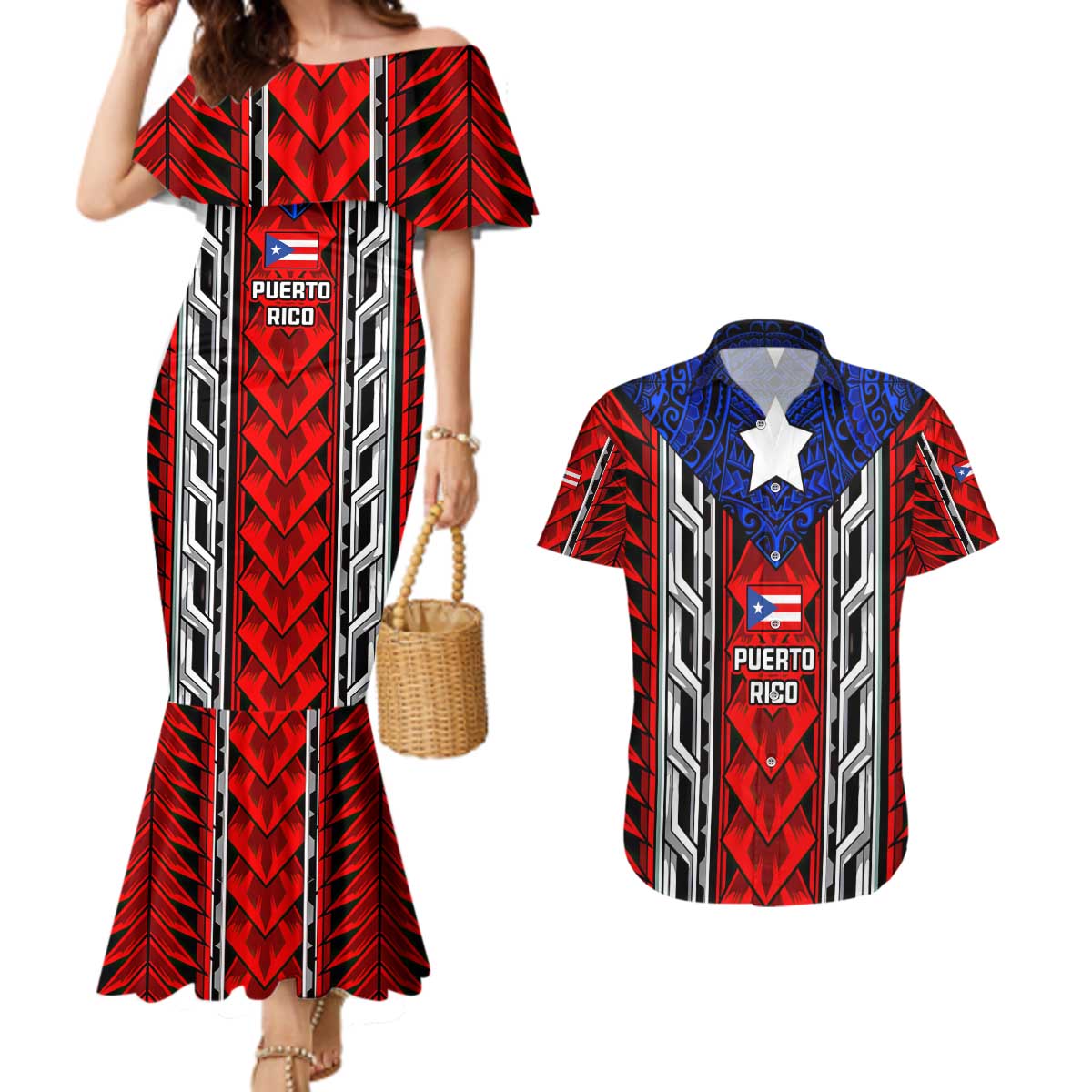 Puerto Rico Couples Matching Mermaid Dress and Hawaiian Shirt with Tribal Patterns, Flag Emblem, and Taino Symbol Design