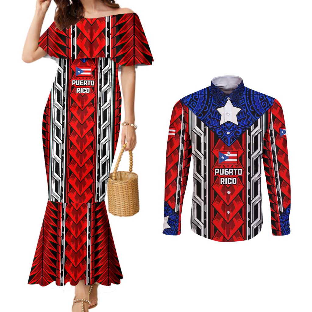 Puerto Rico Couples Matching Mermaid Dress and Long Sleeve Button Shirt with Tribal Patterns, Flag Emblem, and Taino Symbol Design