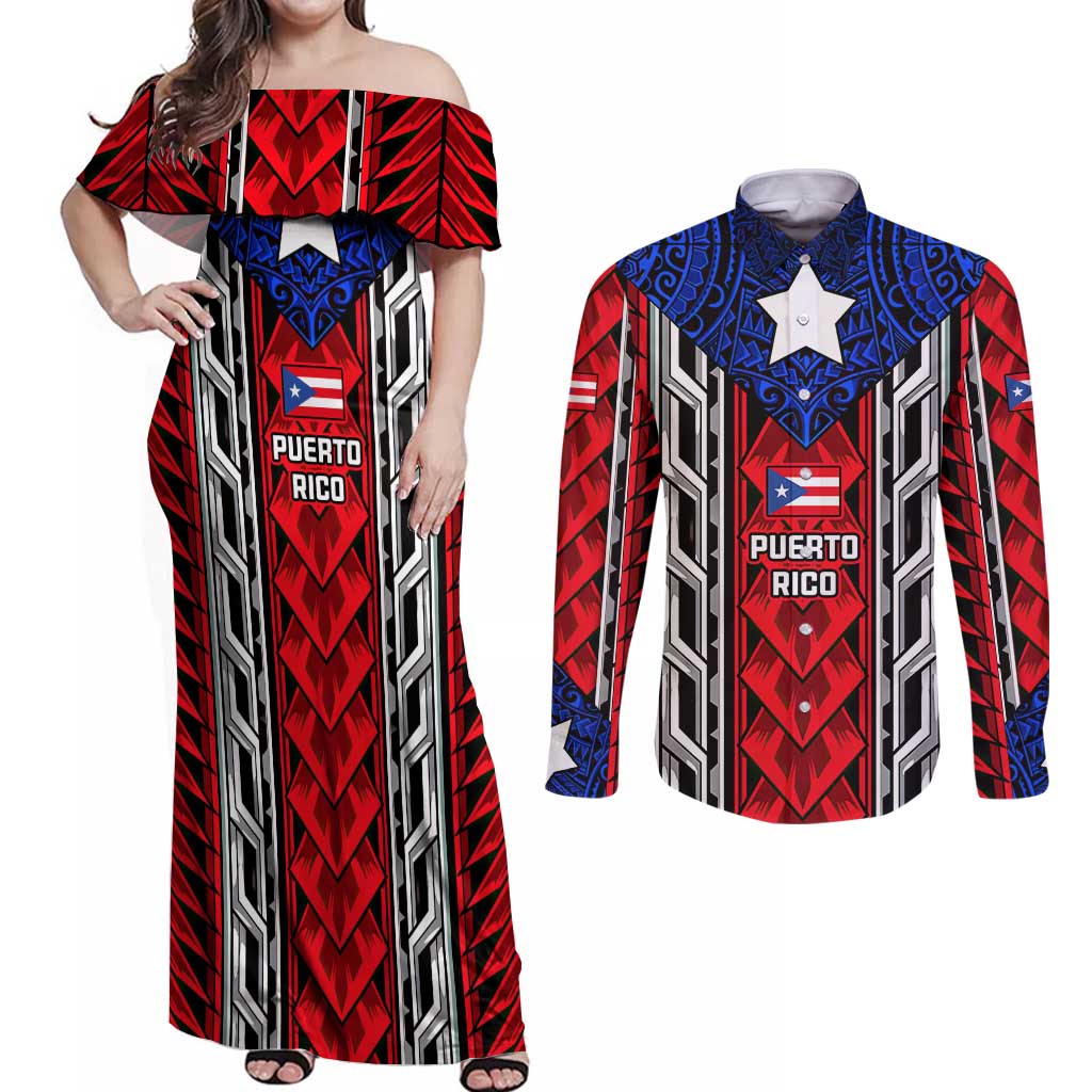 Puerto Rico Couples Matching Off Shoulder Maxi Dress and Long Sleeve Button Shirt with Tribal Patterns, Flag Emblem, and Taino Symbol Design