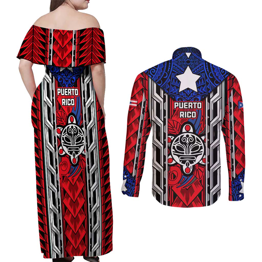 Puerto Rico Couples Matching Off Shoulder Maxi Dress and Long Sleeve Button Shirt with Tribal Patterns, Flag Emblem, and Taino Symbol Design