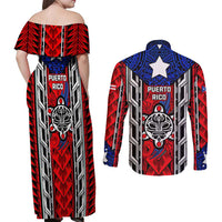Puerto Rico Couples Matching Off Shoulder Maxi Dress and Long Sleeve Button Shirt with Tribal Patterns, Flag Emblem, and Taino Symbol Design