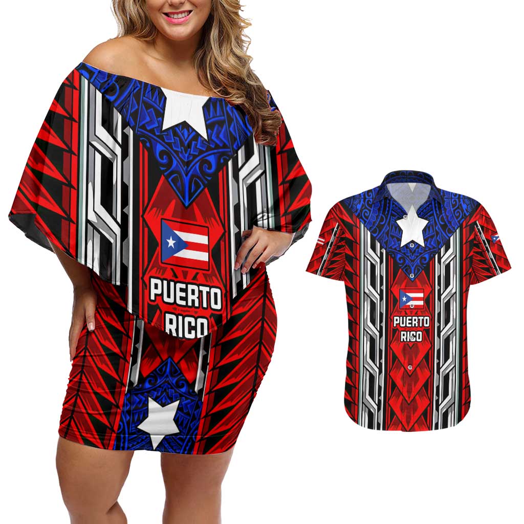 Puerto Rico Couples Matching Off Shoulder Short Dress and Hawaiian Shirt with Tribal Patterns, Flag Emblem, and Taino Symbol Design
