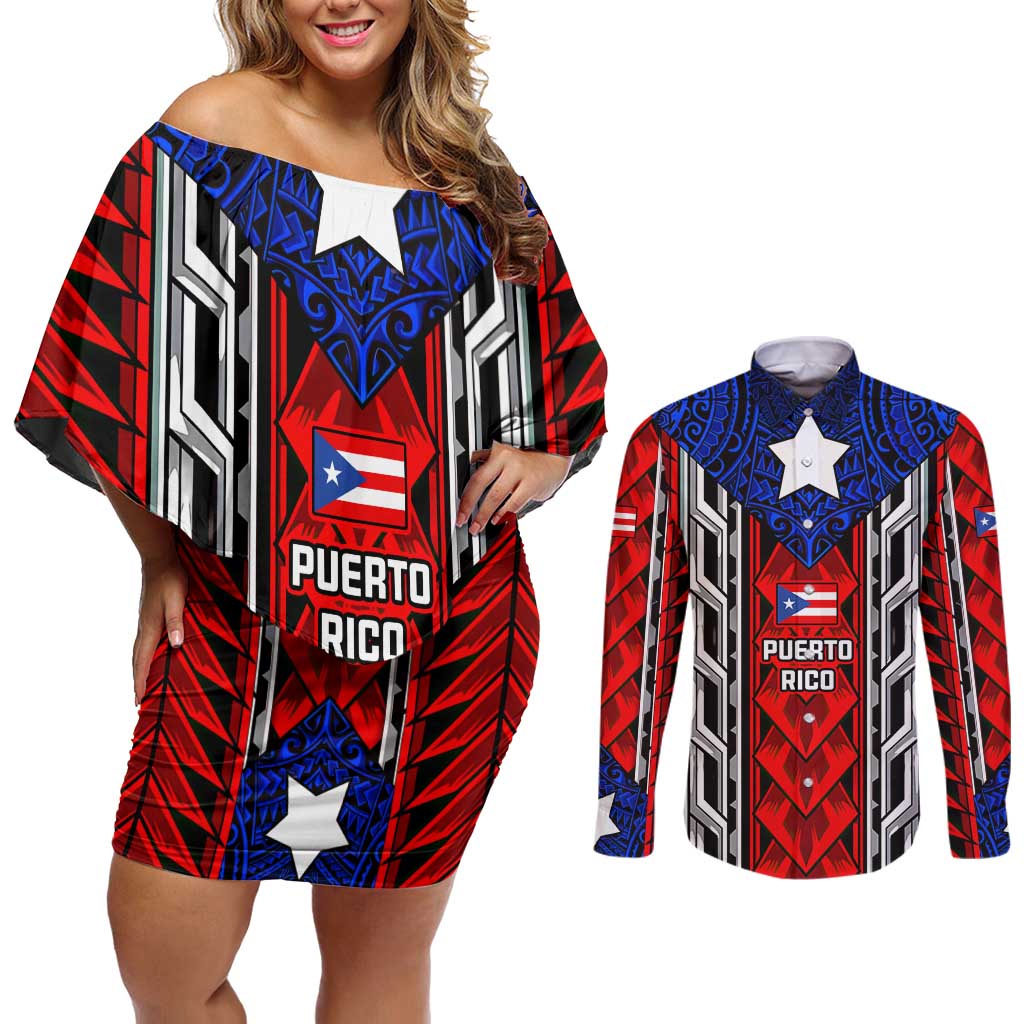 Puerto Rico Couples Matching Off Shoulder Short Dress and Long Sleeve Button Shirt with Tribal Patterns, Flag Emblem, and Taino Symbol Design