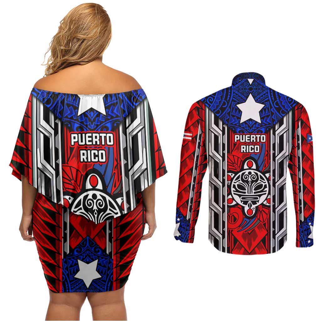 Puerto Rico Couples Matching Off Shoulder Short Dress and Long Sleeve Button Shirt with Tribal Patterns, Flag Emblem, and Taino Symbol Design
