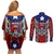 Puerto Rico Couples Matching Off Shoulder Short Dress and Long Sleeve Button Shirt with Tribal Patterns, Flag Emblem, and Taino Symbol Design