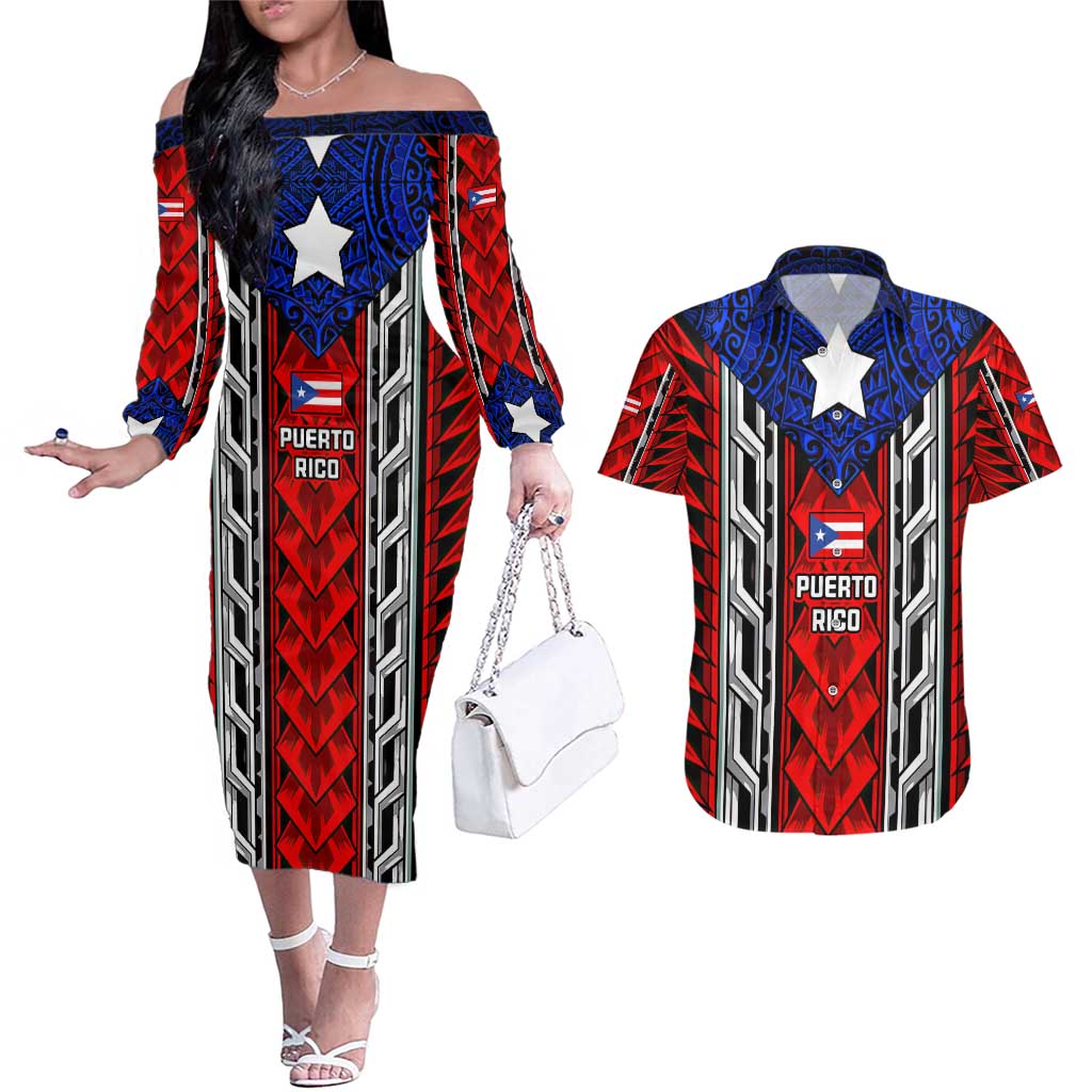 Puerto Rico Couples Matching Off The Shoulder Long Sleeve Dress and Hawaiian Shirt with Tribal Patterns, Flag Emblem, and Taino Symbol Design