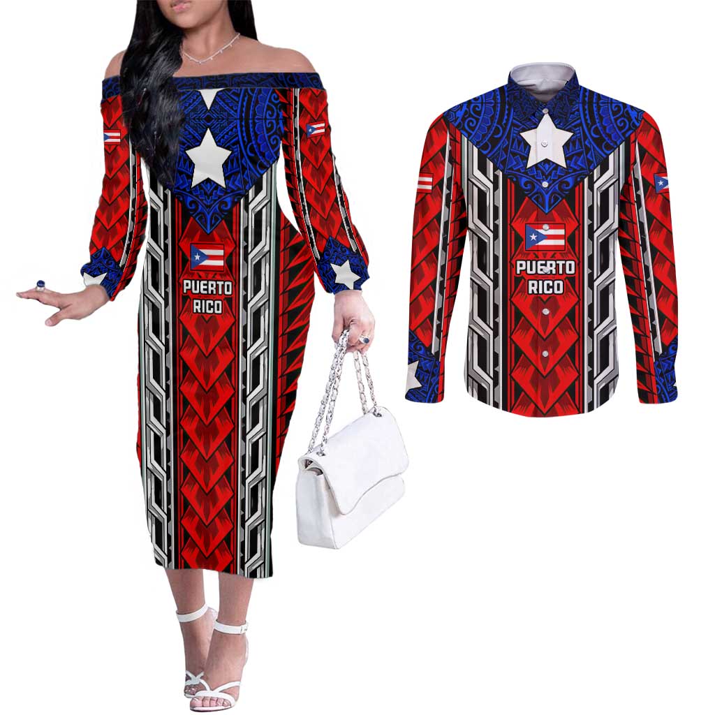 Puerto Rico Couples Matching Off The Shoulder Long Sleeve Dress and Long Sleeve Button Shirt with Tribal Patterns, Flag Emblem, and Taino Symbol Design
