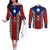 Puerto Rico Couples Matching Off The Shoulder Long Sleeve Dress and Long Sleeve Button Shirt with Tribal Patterns, Flag Emblem, and Taino Symbol Design