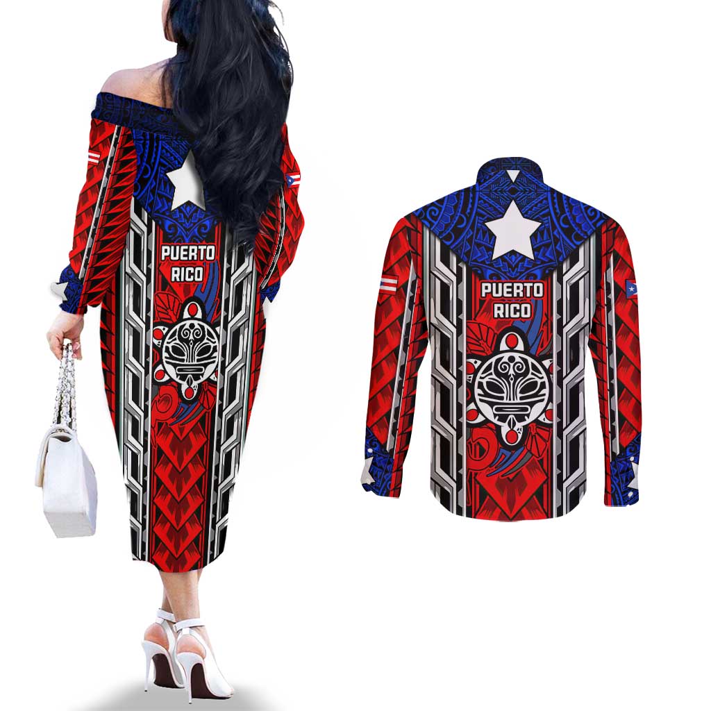 Puerto Rico Couples Matching Off The Shoulder Long Sleeve Dress and Long Sleeve Button Shirt with Tribal Patterns, Flag Emblem, and Taino Symbol Design