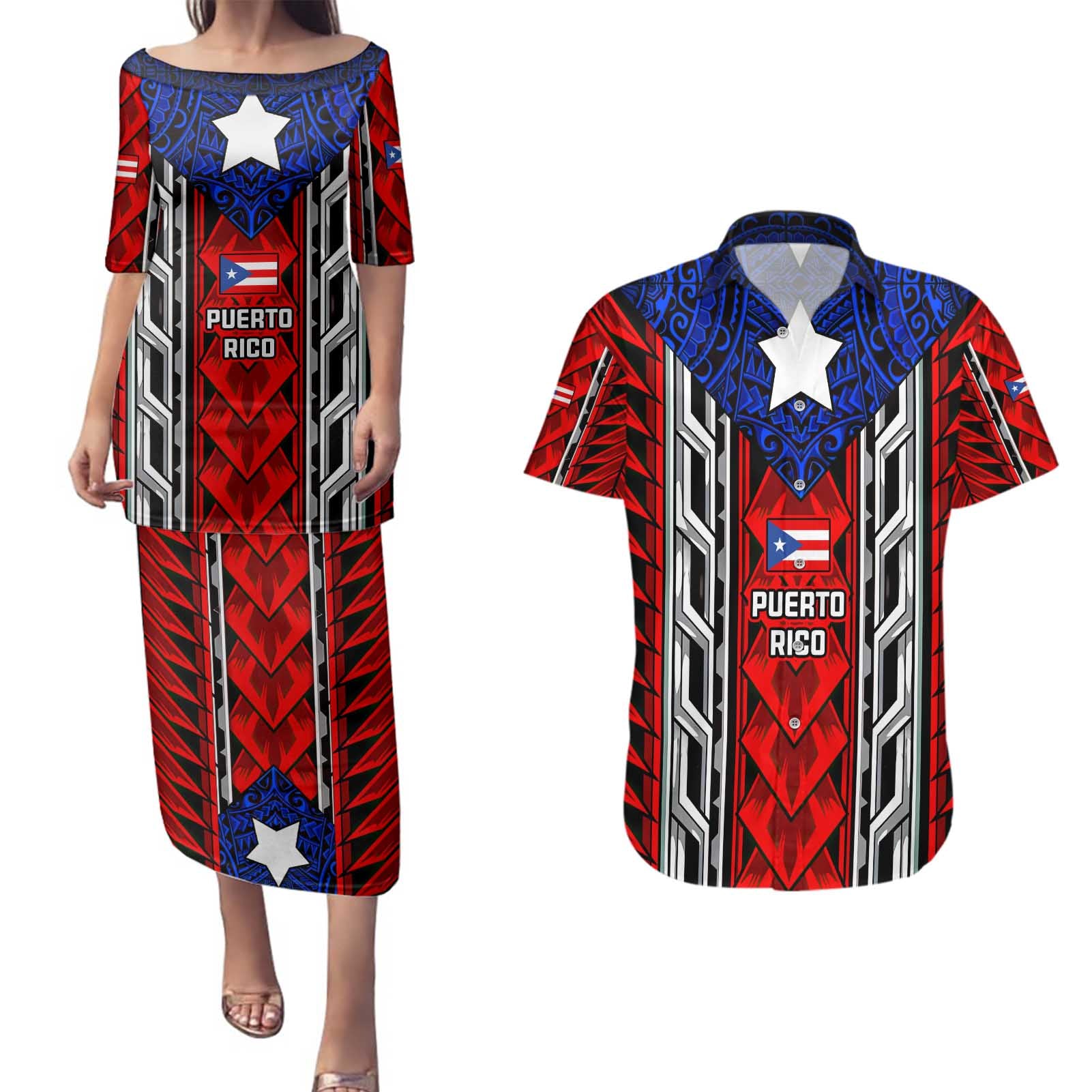 Puerto Rico Couples Matching Puletasi and Hawaiian Shirt with Tribal Patterns, Flag Emblem, and Taino Symbol Design