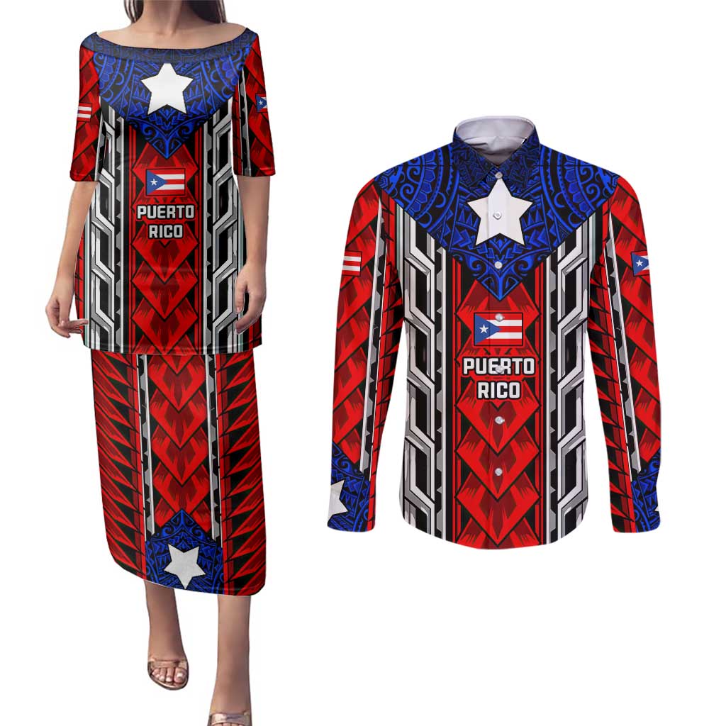 Puerto Rico Couples Matching Puletasi and Long Sleeve Button Shirt with Tribal Patterns, Flag Emblem, and Taino Symbol Design