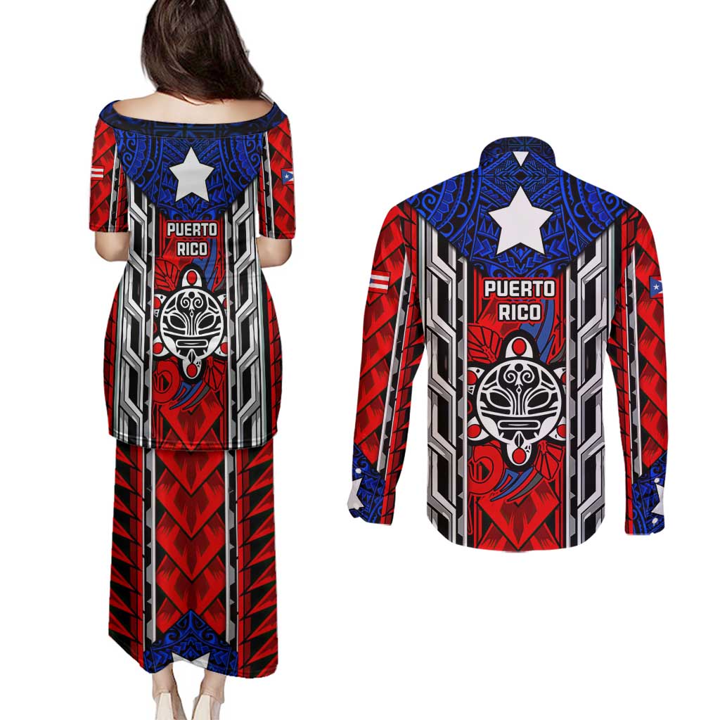 Puerto Rico Couples Matching Puletasi and Long Sleeve Button Shirt with Tribal Patterns, Flag Emblem, and Taino Symbol Design