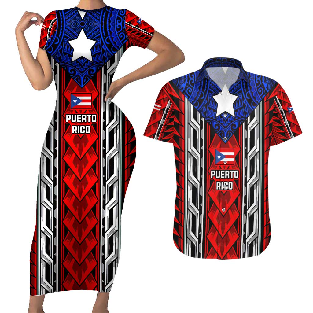 Puerto Rico Couples Matching Short Sleeve Bodycon Dress and Hawaiian Shirt with Tribal Patterns, Flag Emblem, and Taino Symbol Design