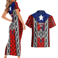Puerto Rico Couples Matching Short Sleeve Bodycon Dress and Hawaiian Shirt with Tribal Patterns, Flag Emblem, and Taino Symbol Design