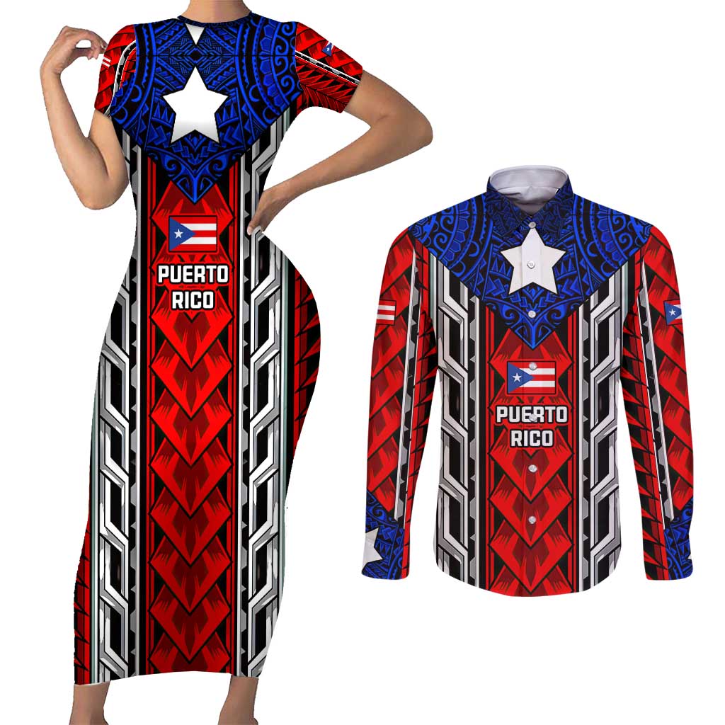Puerto Rico Couples Matching Short Sleeve Bodycon Dress and Long Sleeve Button Shirt with Tribal Patterns, Flag Emblem, and Taino Symbol Design