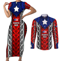 Puerto Rico Couples Matching Short Sleeve Bodycon Dress and Long Sleeve Button Shirt with Tribal Patterns, Flag Emblem, and Taino Symbol Design