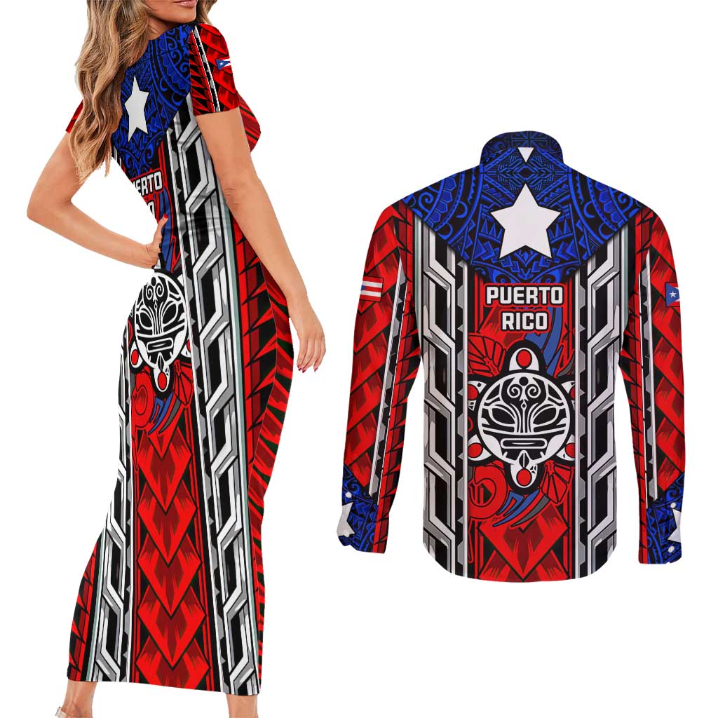 Puerto Rico Couples Matching Short Sleeve Bodycon Dress and Long Sleeve Button Shirt with Tribal Patterns, Flag Emblem, and Taino Symbol Design