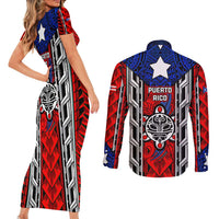 Puerto Rico Couples Matching Short Sleeve Bodycon Dress and Long Sleeve Button Shirt with Tribal Patterns, Flag Emblem, and Taino Symbol Design