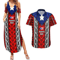 Puerto Rico Couples Matching Summer Maxi Dress and Hawaiian Shirt with Tribal Patterns, Flag Emblem, and Taino Symbol Design