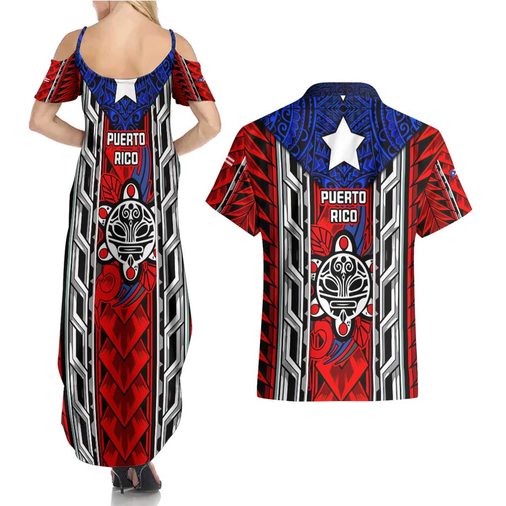 Puerto Rico Couples Matching Summer Maxi Dress and Hawaiian Shirt with Tribal Patterns, Flag Emblem, and Taino Symbol Design