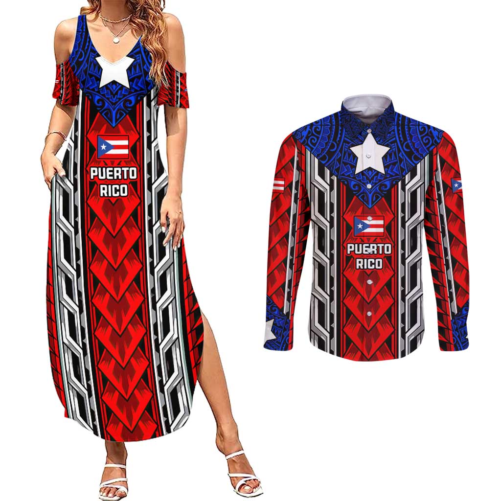 Puerto Rico Couples Matching Summer Maxi Dress and Long Sleeve Button Shirt with Tribal Patterns, Flag Emblem, and Taino Symbol Design
