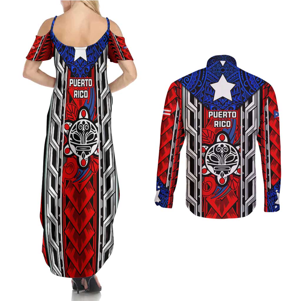 Puerto Rico Couples Matching Summer Maxi Dress and Long Sleeve Button Shirt with Tribal Patterns, Flag Emblem, and Taino Symbol Design