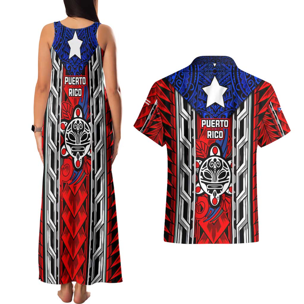 Puerto Rico Couples Matching Tank Maxi Dress and Hawaiian Shirt with Tribal Patterns, Flag Emblem, and Taino Symbol Design