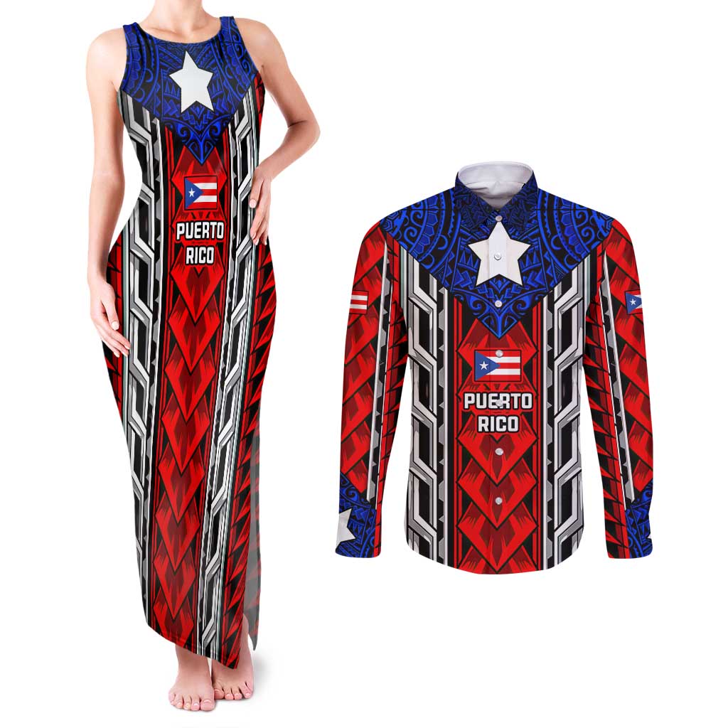 Puerto Rico Couples Matching Tank Maxi Dress and Long Sleeve Button Shirt with Tribal Patterns, Flag Emblem, and Taino Symbol Design