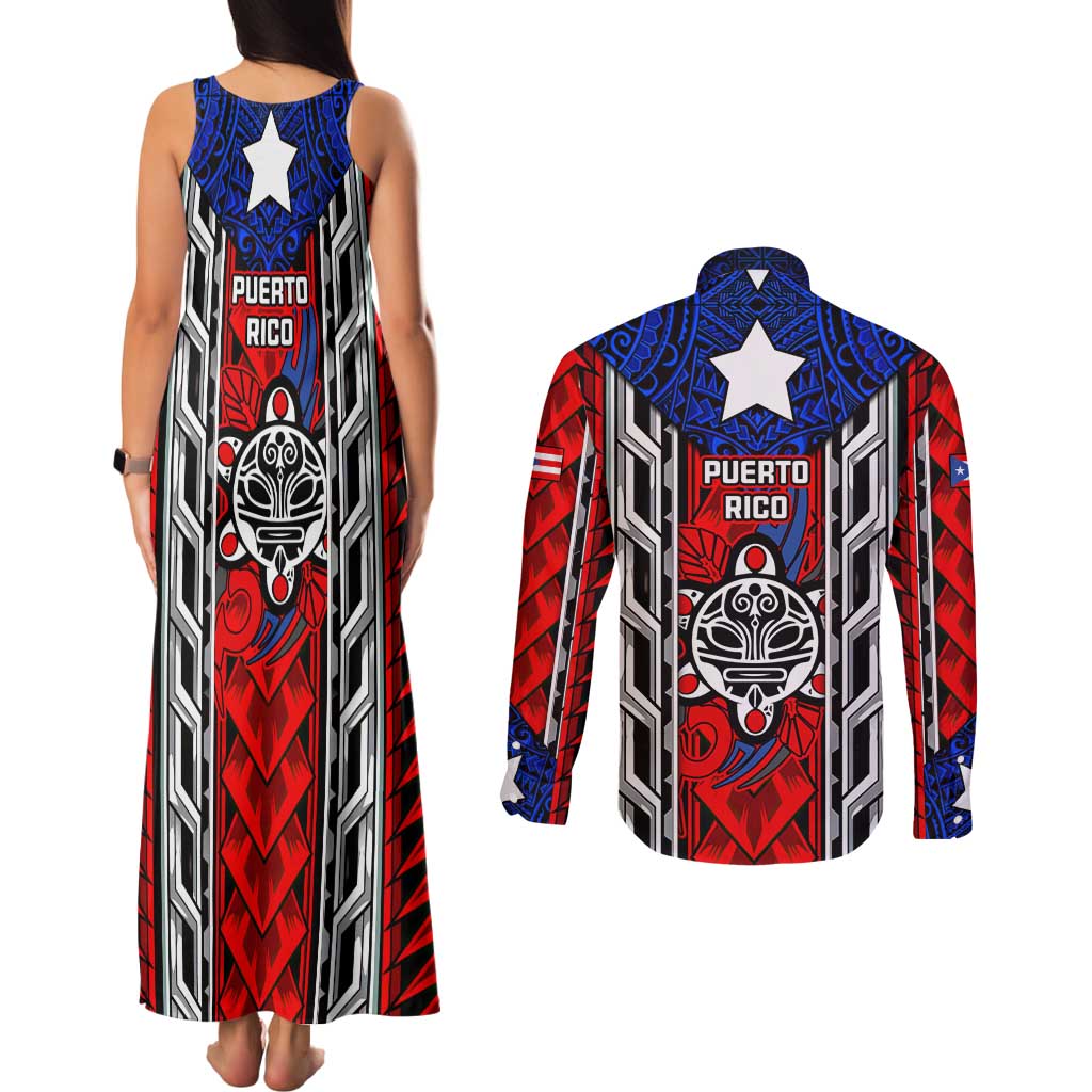 Puerto Rico Couples Matching Tank Maxi Dress and Long Sleeve Button Shirt with Tribal Patterns, Flag Emblem, and Taino Symbol Design