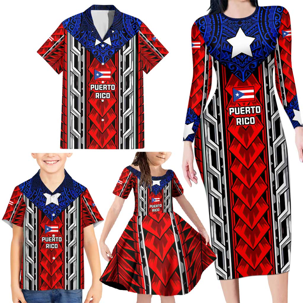 Puerto Rico Family Matching Long Sleeve Bodycon Dress and Hawaiian Shirt with Tribal Patterns, Flag Emblem, and Taino Symbol Design