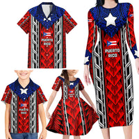 Puerto Rico Family Matching Long Sleeve Bodycon Dress and Hawaiian Shirt with Tribal Patterns, Flag Emblem, and Taino Symbol Design