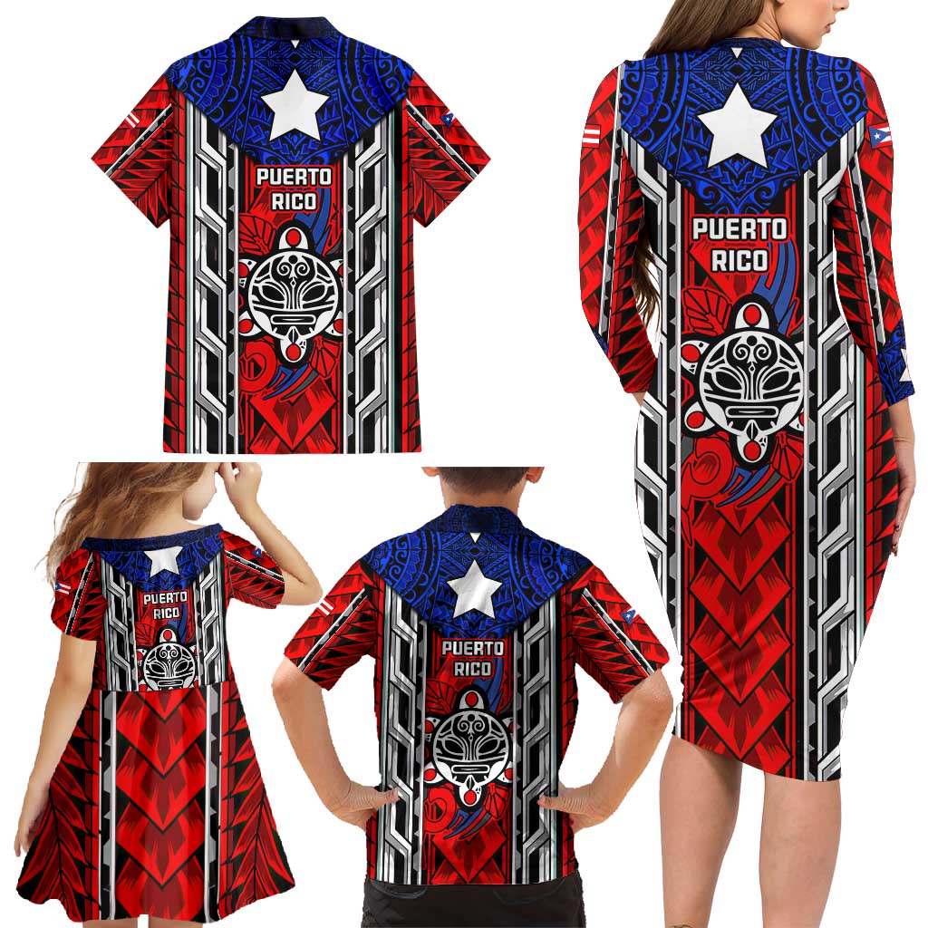 Puerto Rico Family Matching Long Sleeve Bodycon Dress and Hawaiian Shirt with Tribal Patterns, Flag Emblem, and Taino Symbol Design