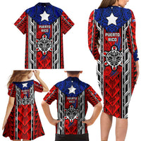Puerto Rico Family Matching Long Sleeve Bodycon Dress and Hawaiian Shirt with Tribal Patterns, Flag Emblem, and Taino Symbol Design