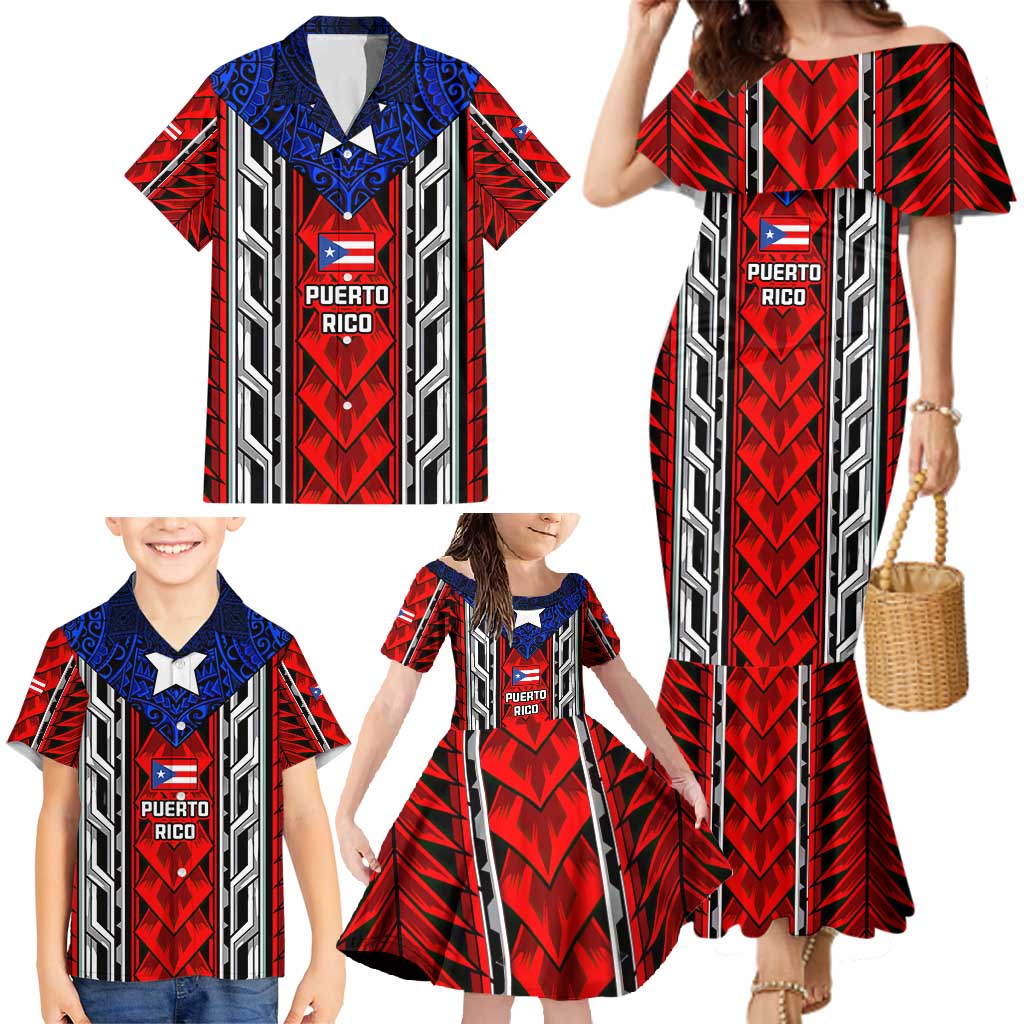 Puerto Rico Family Matching Mermaid Dress and Hawaiian Shirt with Tribal Patterns, Flag Emblem, and Taino Symbol Design