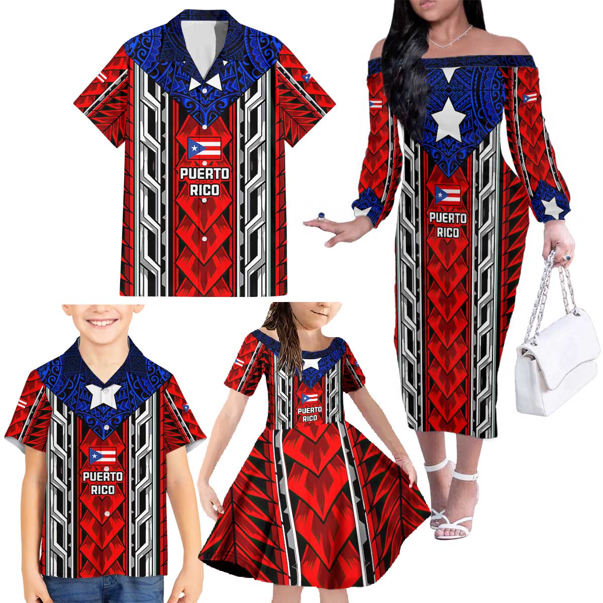 Puerto Rico Family Matching Off The Shoulder Long Sleeve Dress and Hawaiian Shirt with Tribal Patterns, Flag Emblem, and Taino Symbol Design