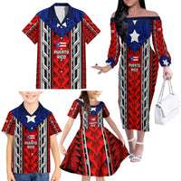 Puerto Rico Family Matching Off The Shoulder Long Sleeve Dress and Hawaiian Shirt with Tribal Patterns, Flag Emblem, and Taino Symbol Design