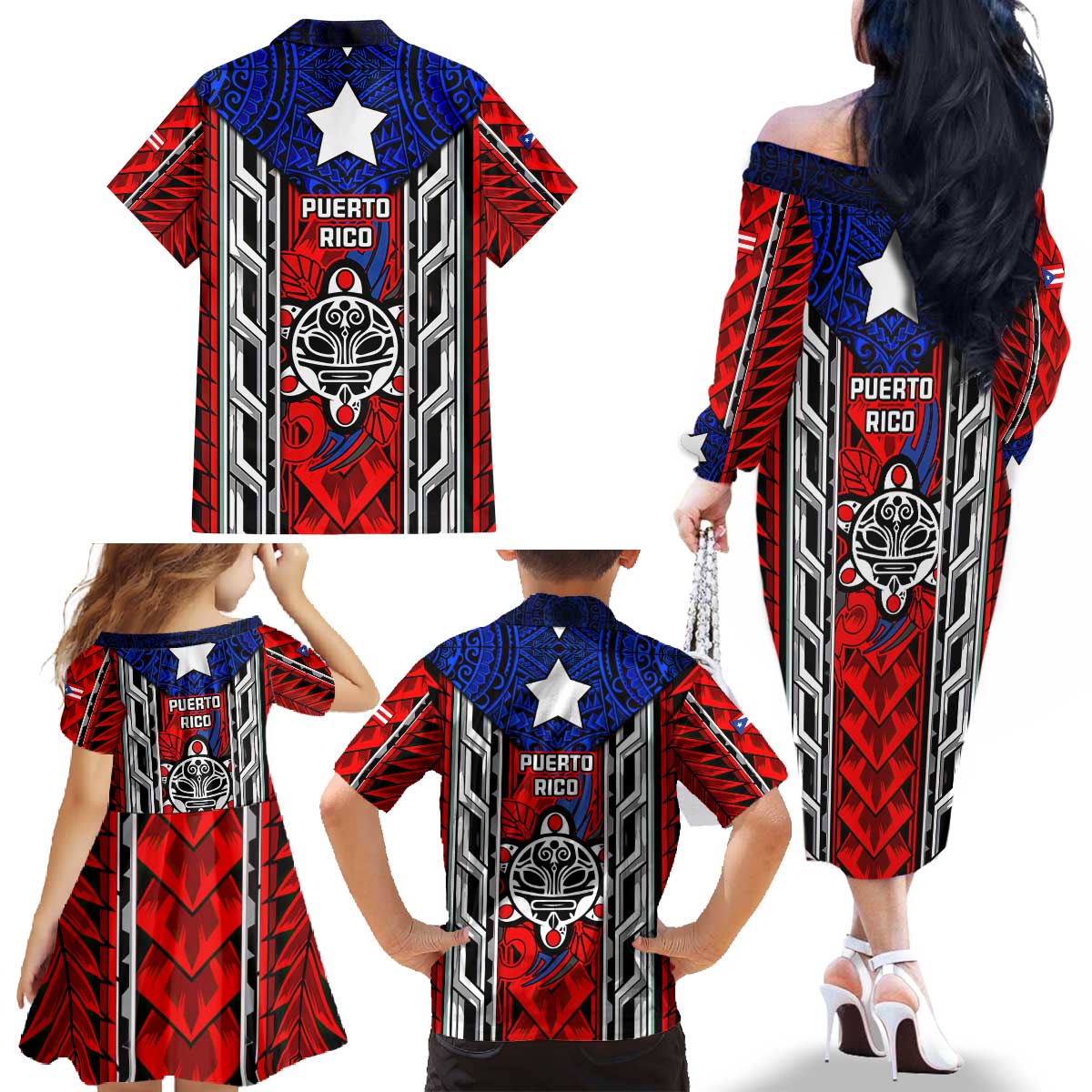 Puerto Rico Family Matching Off The Shoulder Long Sleeve Dress and Hawaiian Shirt with Tribal Patterns, Flag Emblem, and Taino Symbol Design
