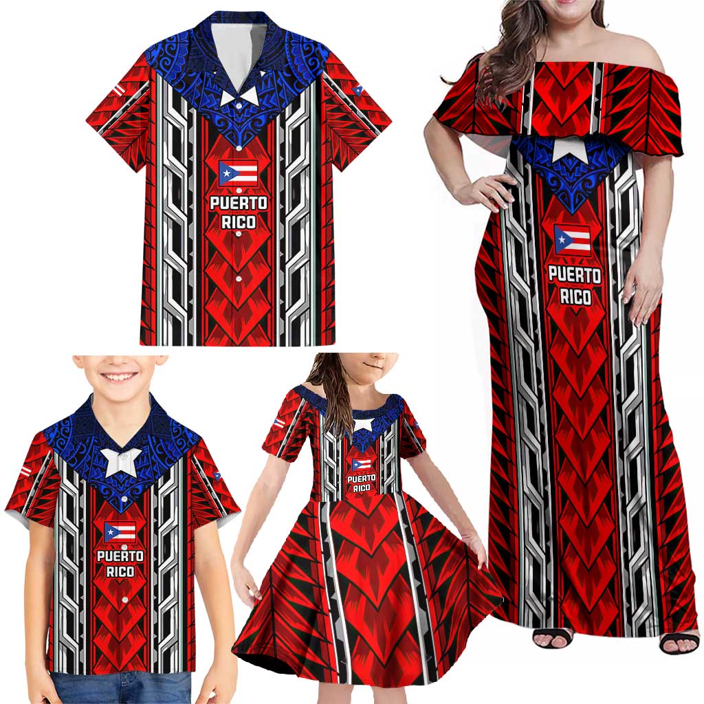 Puerto Rico Family Matching Off Shoulder Maxi Dress and Hawaiian Shirt with Tribal Patterns, Flag Emblem, and Taino Symbol Design