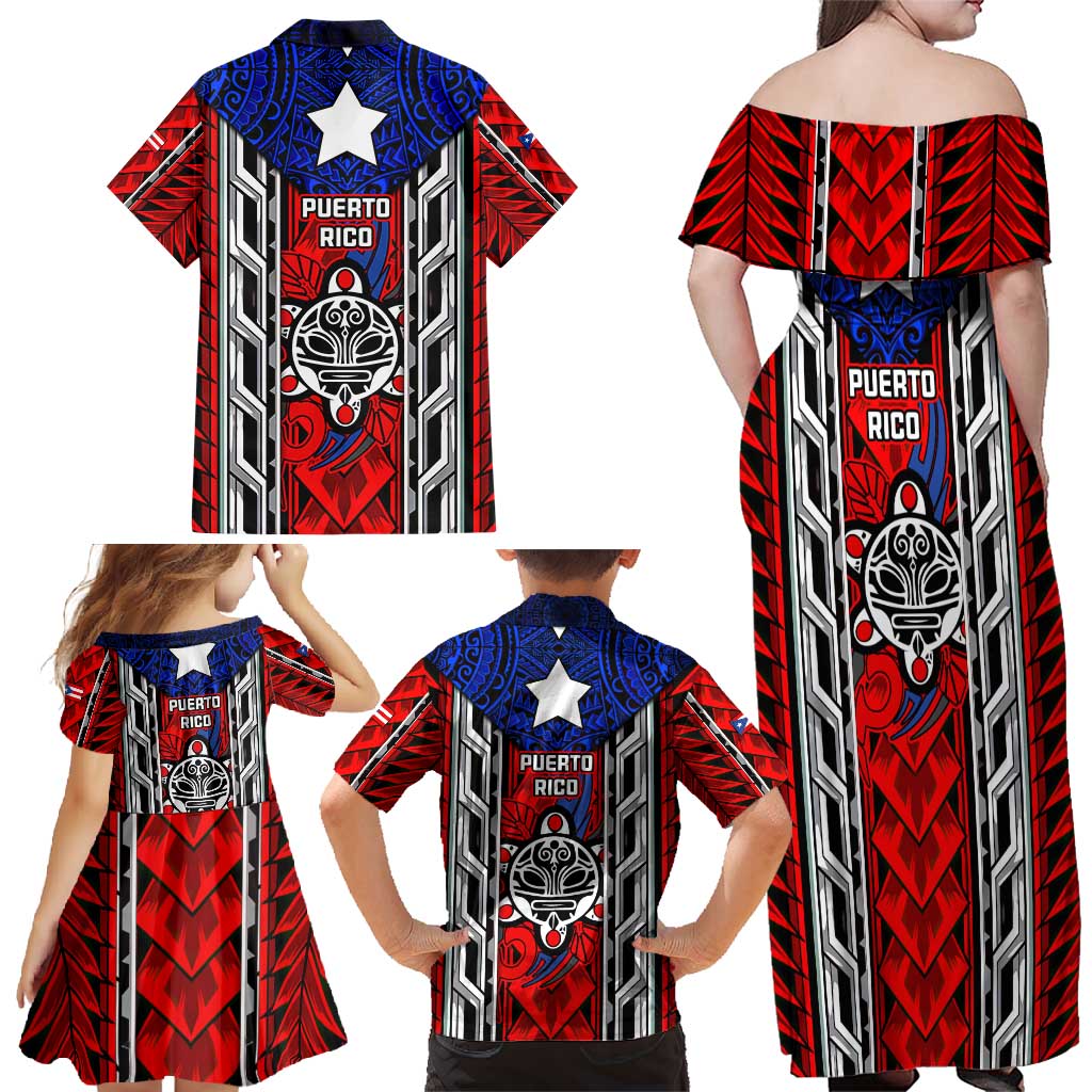 Puerto Rico Family Matching Off Shoulder Maxi Dress and Hawaiian Shirt with Tribal Patterns, Flag Emblem, and Taino Symbol Design