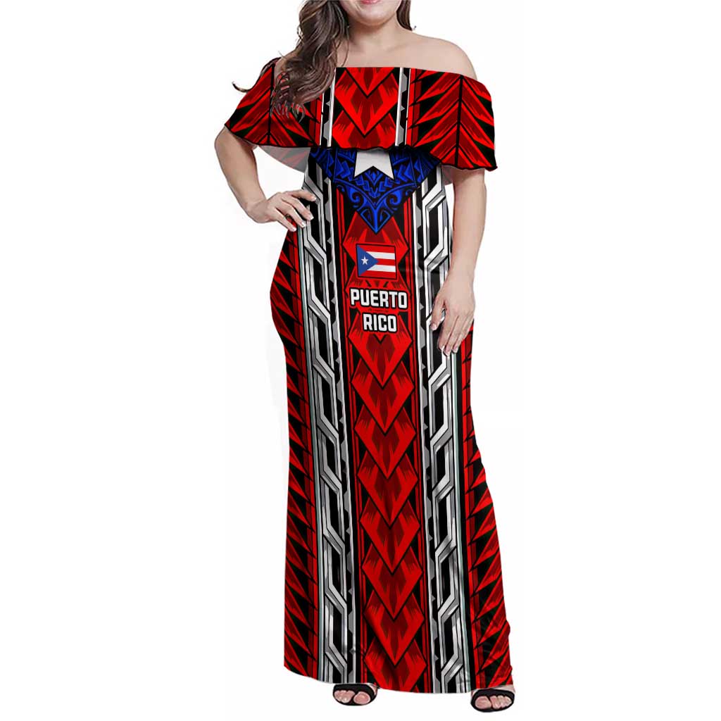 Puerto Rico Family Matching Off Shoulder Maxi Dress and Hawaiian Shirt with Tribal Patterns, Flag Emblem, and Taino Symbol Design