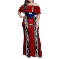 Puerto Rico Family Matching Off Shoulder Maxi Dress and Hawaiian Shirt with Tribal Patterns, Flag Emblem, and Taino Symbol Design