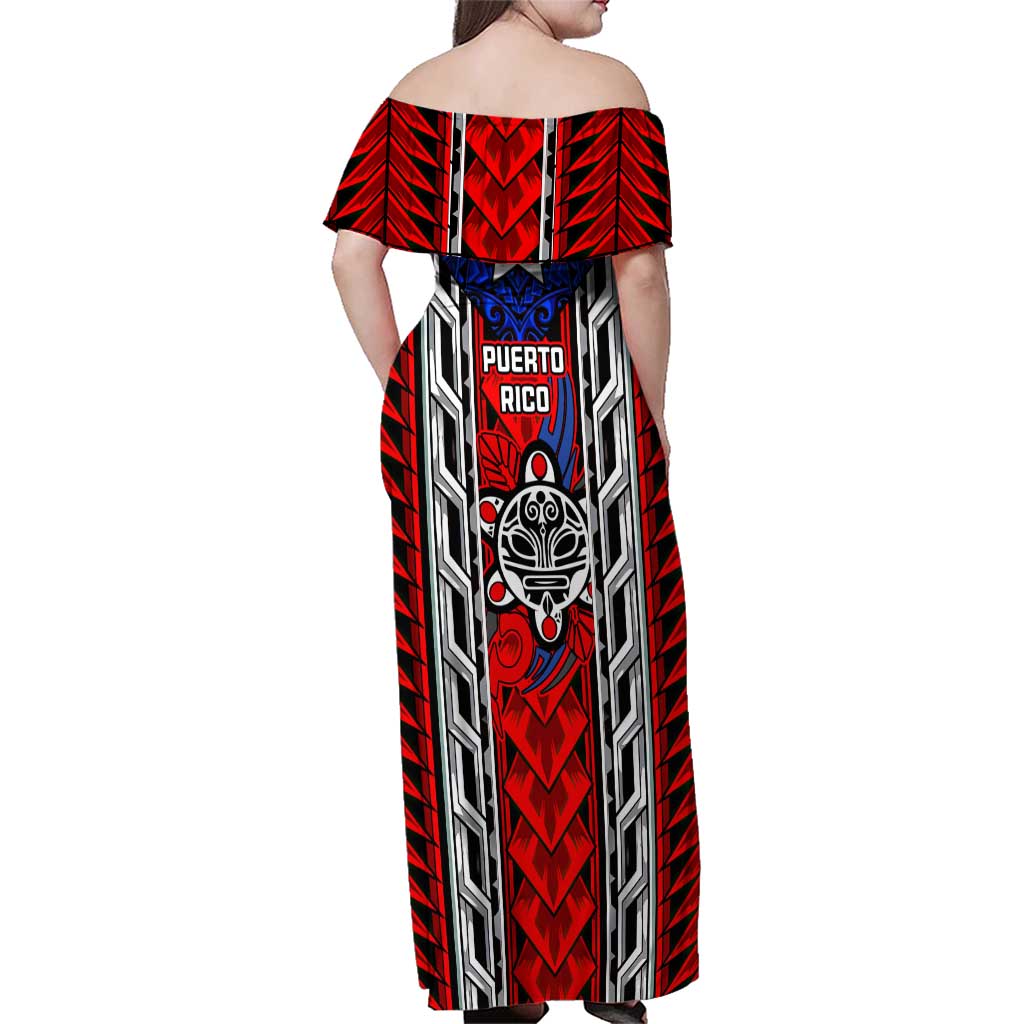 Puerto Rico Family Matching Off Shoulder Maxi Dress and Hawaiian Shirt with Tribal Patterns, Flag Emblem, and Taino Symbol Design