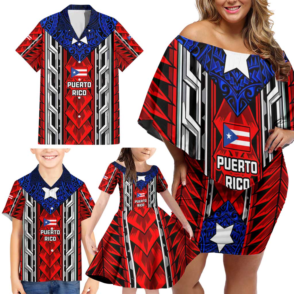 Puerto Rico Family Matching Off Shoulder Short Dress and Hawaiian Shirt with Tribal Patterns, Flag Emblem, and Taino Symbol Design